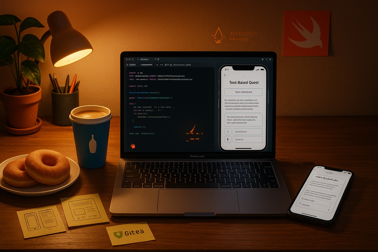 App developer's desk complete with test device, coffee, doughnuts and other necessary goodies
